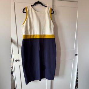 Sleeveless Colorblock Ottoman Sheath Dress in White, Mustard & Navy
